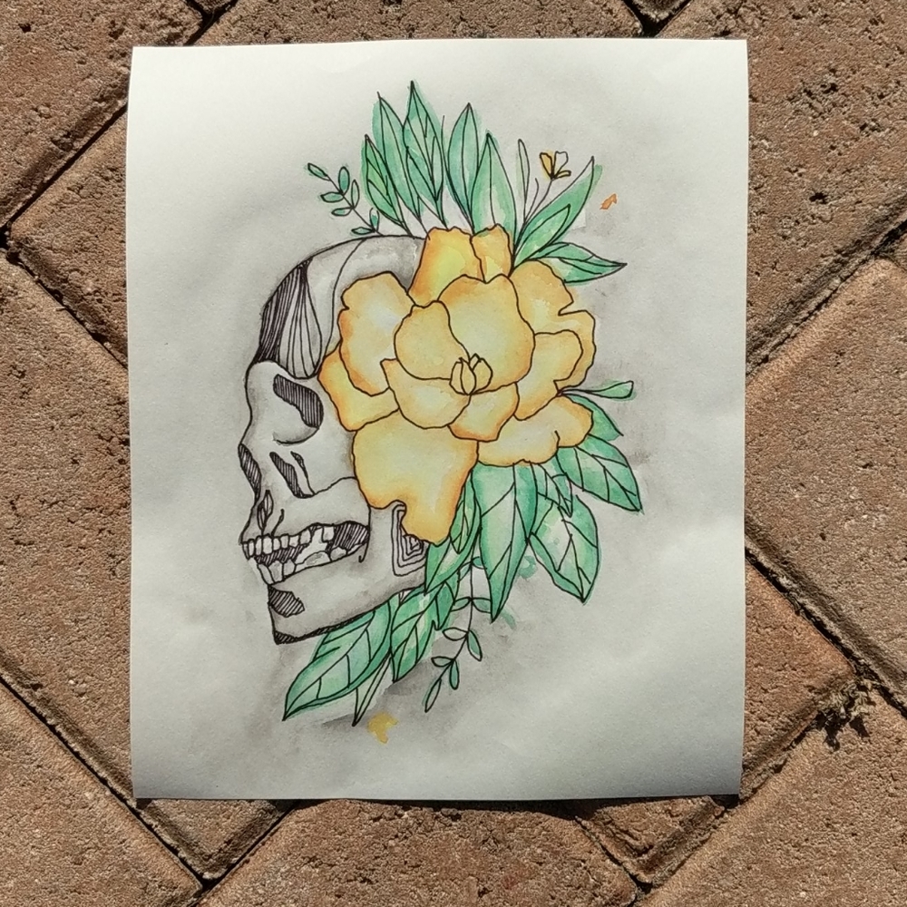 Handpainted skull with flower watercolor painting